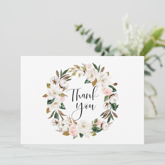 水彩マグノリアスとコットンリース結婚ズ サンキューカード (スタンド正面)