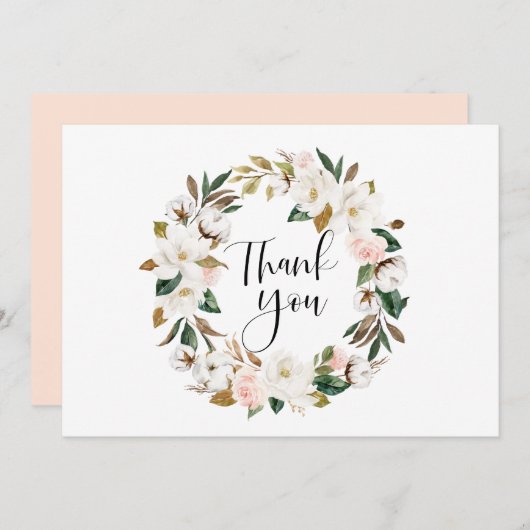 水彩マグノリアスとコットンリース結婚ズ サンキューカード (正面/裏面)