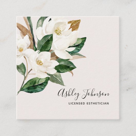 水彩マグノリアスクリプトタイポグラフィ赤面ブラック スクエア名刺 (正面)