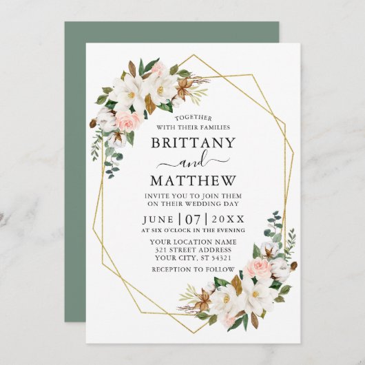 水彩マグノリアスバラジオセージグリーン結婚ズ 招待状 (正面/裏面)