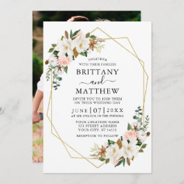 水彩マグノリアスバラジオフレーム結婚写真 招待状