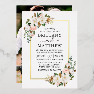 水彩マグノリアスバラ写真結婚の金ゴールド 箔招待状