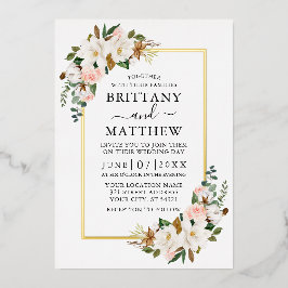 水彩マグノリアスバラ写真結婚の金ゴールド 箔招待状