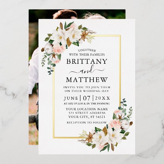 水彩マグノリアスバラ写真結婚の金ゴールド 箔招待状 (正面/裏面)