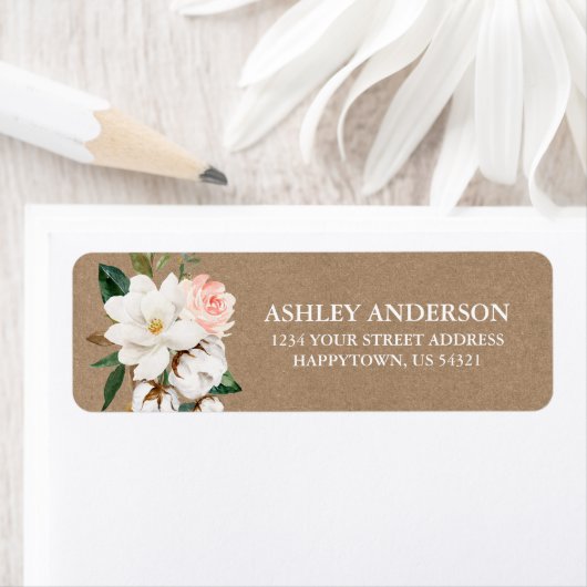 水彩マグノリアスバラ差出人住所クラフト ラベル (インサイチュ)