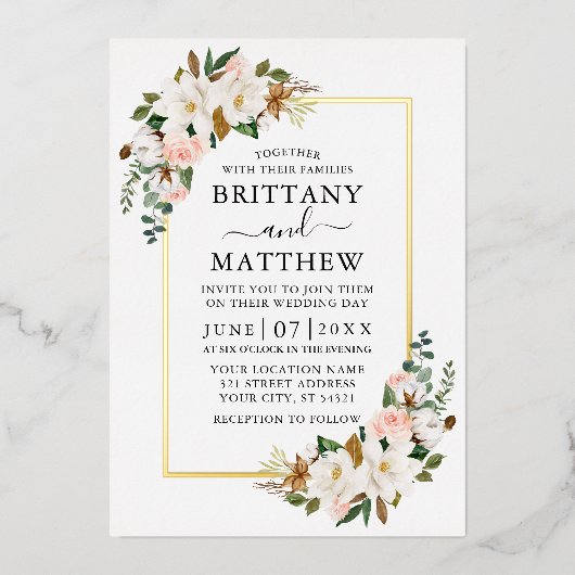 水彩マグノリアスバラ結婚ズセージグリーン金ゴールド 箔招待状 (正面)