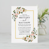 水彩マグノリアスバラ結婚ズセージグリーン金ゴールド 箔招待状 (立ち正面)