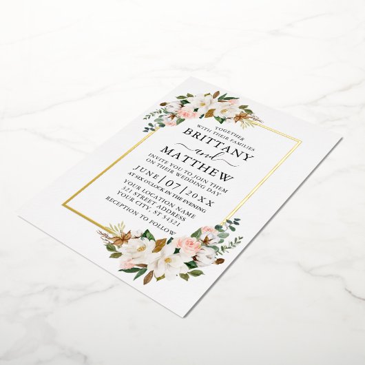 水彩マグノリアスバラ結婚ズセージグリーン金ゴールド 箔招待状 (回転した状態)