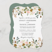 水彩マグノリアスバラ結婚ズセージグリーン 招待状 (正面/裏面)