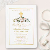 水彩マグノリアスバラ金ゴールドクロス聖餐式 招待状