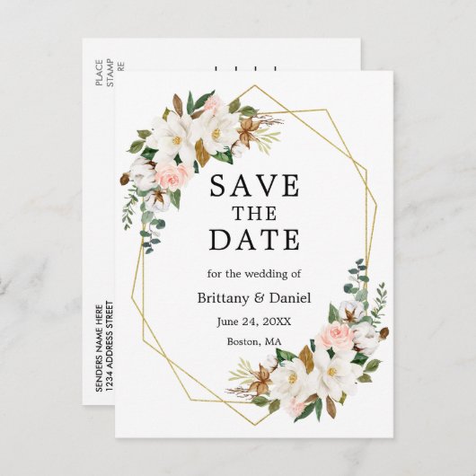 水彩マグノリアスバラ金ゴールド日付の保存 案内ポストカード (正面/裏面)