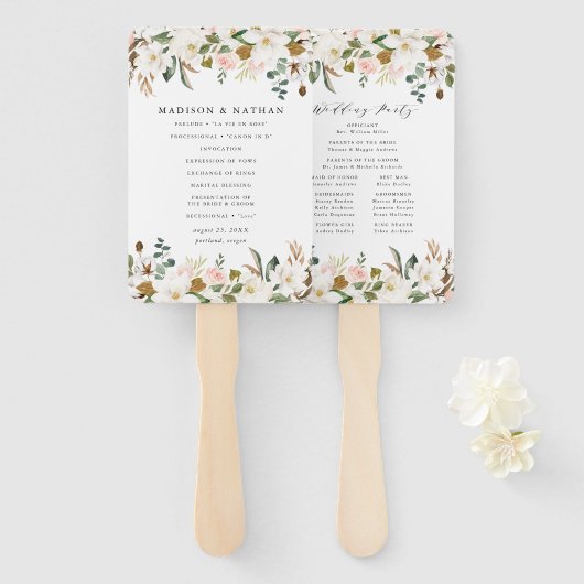 水彩マグノリアスパーソナライズされた結婚式 プログラム ハンドファン (正面&裏面)