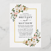 水彩マグノリアスピンクローズ結婚ズ金ゴールド 箔招待状 (正面)