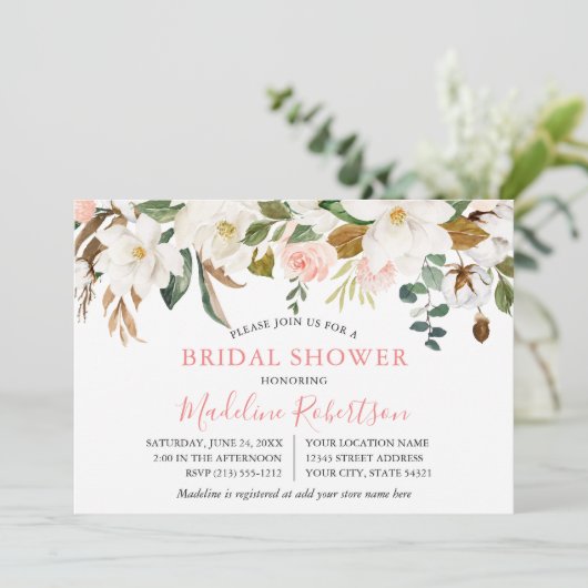 水彩マグノリアスピンクローゼスブライダルシャワー 招待状 (スタンド正面)