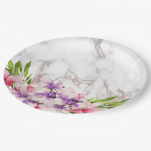 水彩マグノリアス、フェイク大理石テクスチャ ペーパープレート (アングル)