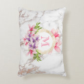 水彩マグノリアス、大理石テクスチフェイクャモノグラム アクセントクッション (正面(垂直))