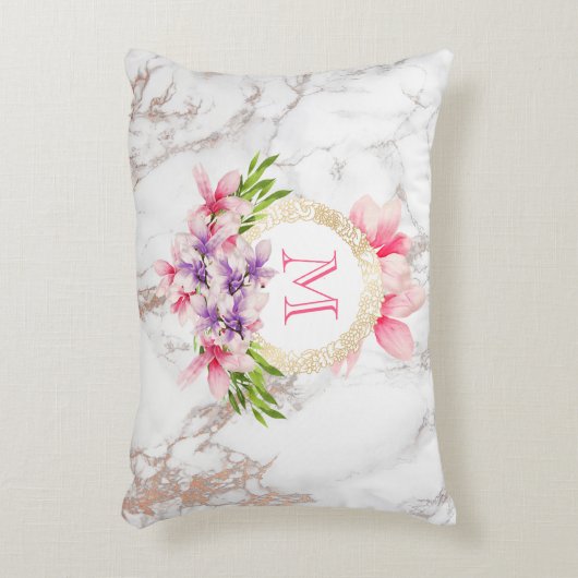 水彩マグノリアス、大理石テクスチフェイクャモノグラム アクセントクッション (正面(垂直))