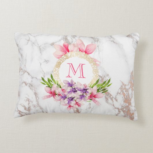 水彩マグノリアス、大理石テクスチフェイクャモノグラム アクセントクッション (裏面)