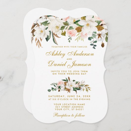 水彩マグノリアバラフローラ結婚の金ゴールド 招待状 (正面/裏面)