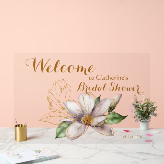 水彩マグノリアパープルフローラブライダルシャワー アクリルサイン (ウェディング)