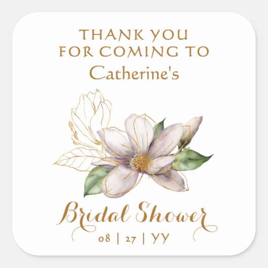 水彩マグノリアパープルフローラブライダルシャワー スクエアシール (正面)