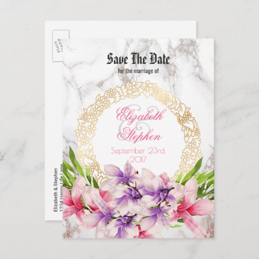 水彩マグノリアフェイクス、大理石日付を保存 案内ポストカード (正面/裏面)