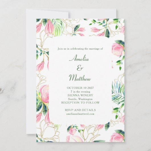 水彩マグノリアフラワーピンク結婚金ゴールド 招待状 (正面)
