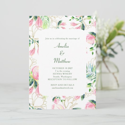 水彩マグノリアフラワーピンク結婚金ゴールド 招待状 (スタンド正面)