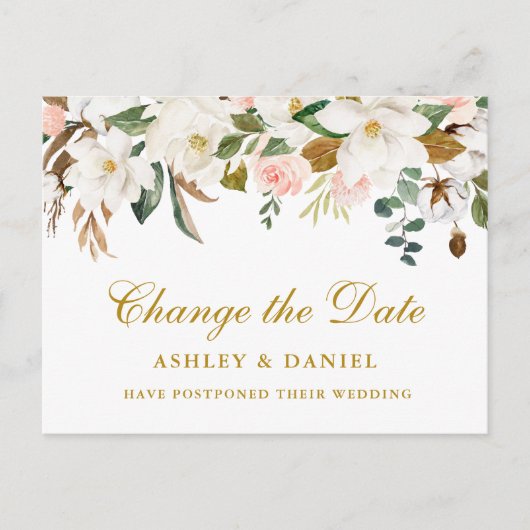 水彩マグノリアフローラの日付金ゴールド ポストカード (正面)