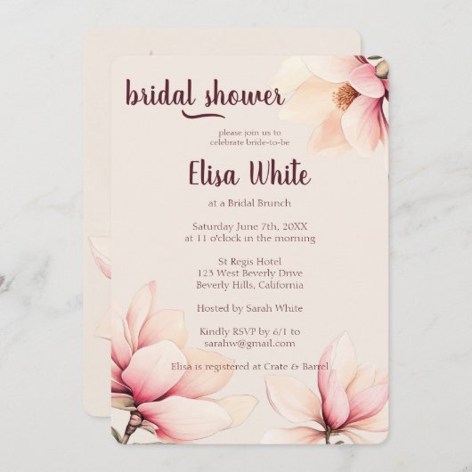 水彩マグノリアフローラブライダルシャワーカスタム 招待状 (正面/裏面)