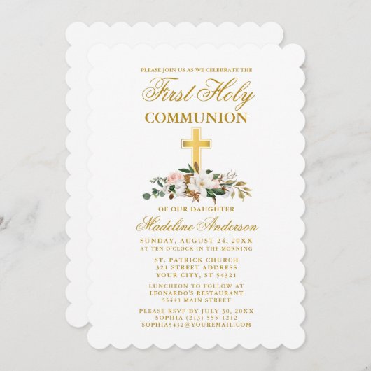 水彩マグノリアフローラ交信金ゴールドクロス 招待状 (正面/裏面)