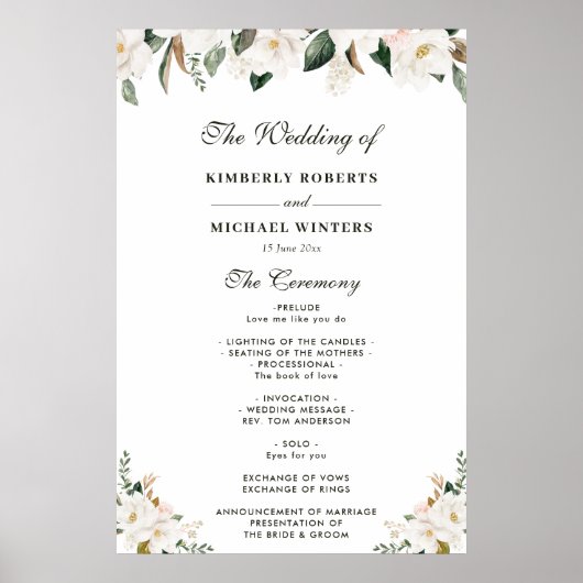 水彩マグノリアフローラ結婚式プログラム ポスター (正面)