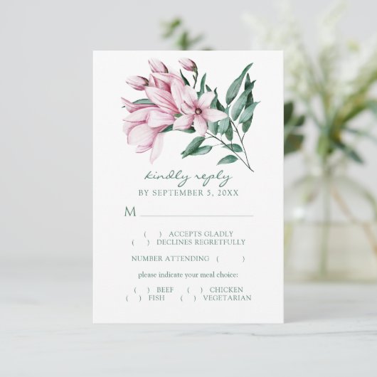 水彩マグノリアブーケ結婚の食事の選択 出欠カード (スタンド正面)