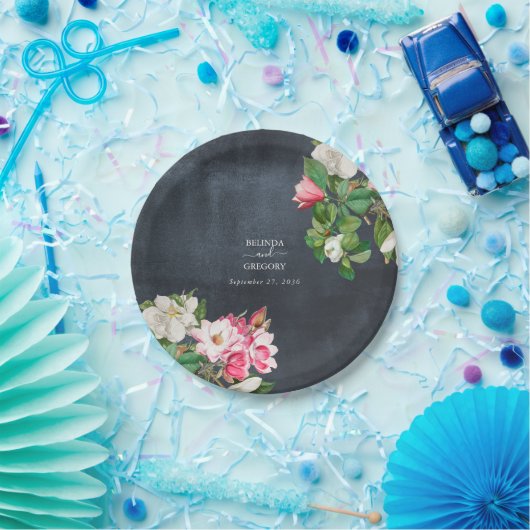 水彩マグノリア結婚花白黒 ペーパープレート (パーティー)