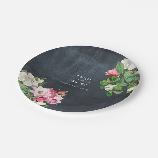 水彩マグノリア結婚花白黒 ペーパープレート (アングル)