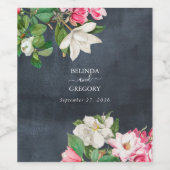 水彩マグノリア結婚花白黒 ワインラベル (シングルラベル)