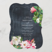 水彩マグノリア結婚花白黒 招待状 (正面/裏面)