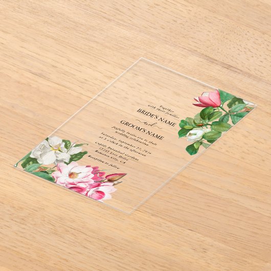 水彩マグノリア結婚花 アクリル招待状 (レイダウン)