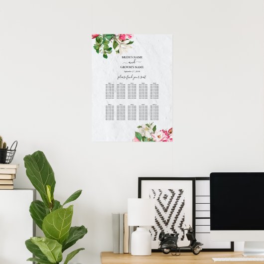 水彩マグノリア花結婚の座席表 ポスター (ホームオフィス)