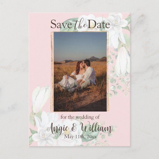 水彩マグノリア赤面日付写真を保存 ポストカード (正面)