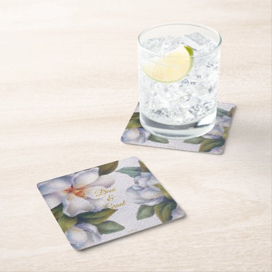 水彩マグノリア金ゴールドスクリプトカスタムウェディング スクエアペーパーコースター (インサイチュ)