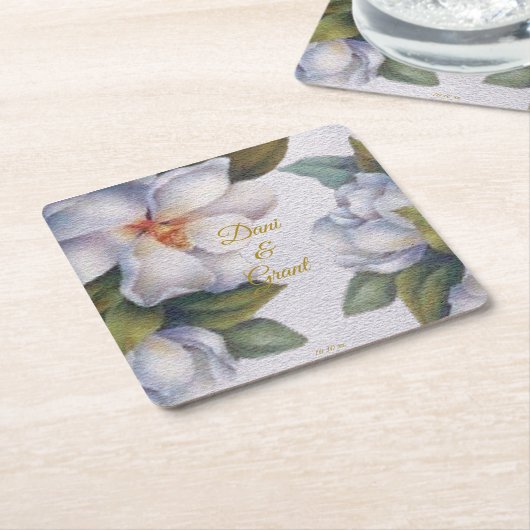 水彩マグノリア金ゴールドスクリプトカスタムウェディング スクエアペーパーコースター (アングル)