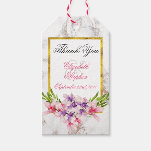 水彩マグノリア、フェイク大理石テクスチ結婚ャ ギフトタグ (正面)