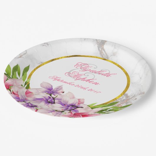 水彩マグノリア、フェイク大理石テクスチ結婚ャ ペーパープレート (アングル)