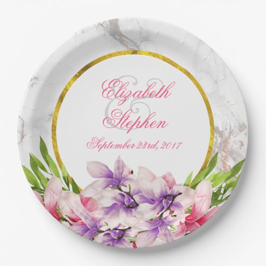 水彩マグノリア、フェイク大理石テクスチ結婚ャ ペーパープレート (正面)