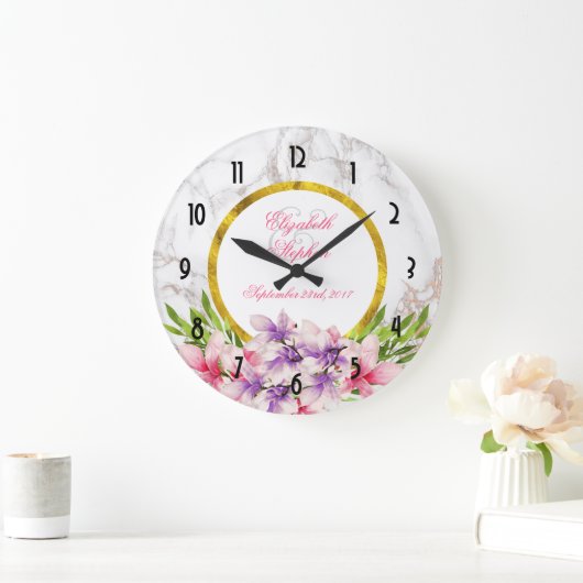 水彩マグノリア、フェイク大理石テクスチ結婚ャ ラージ壁時計 (ホーム)