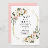 水彩マグノリア ローズ ゴールドジオフレーム ピンク セーブザデート (正面/裏面)