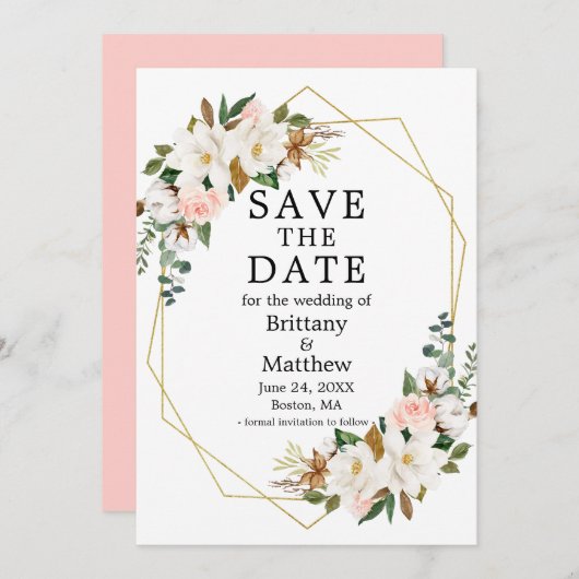 水彩マグノリア ローズ ゴールドジオフレーム ピンク セーブザデート (正面/裏面)