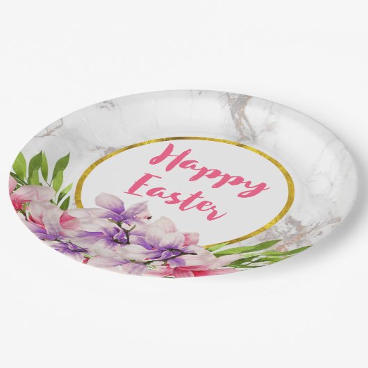 水彩マグノリア、大理石テクスチフェイクューイースター ペーパープレート (アングル)