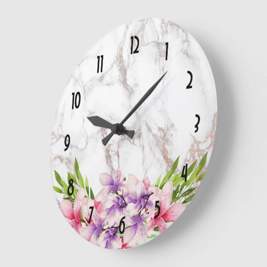 水彩マグノリア、大理石フェイクテクスチャ結婚ズ ラージ壁時計 (傾斜)